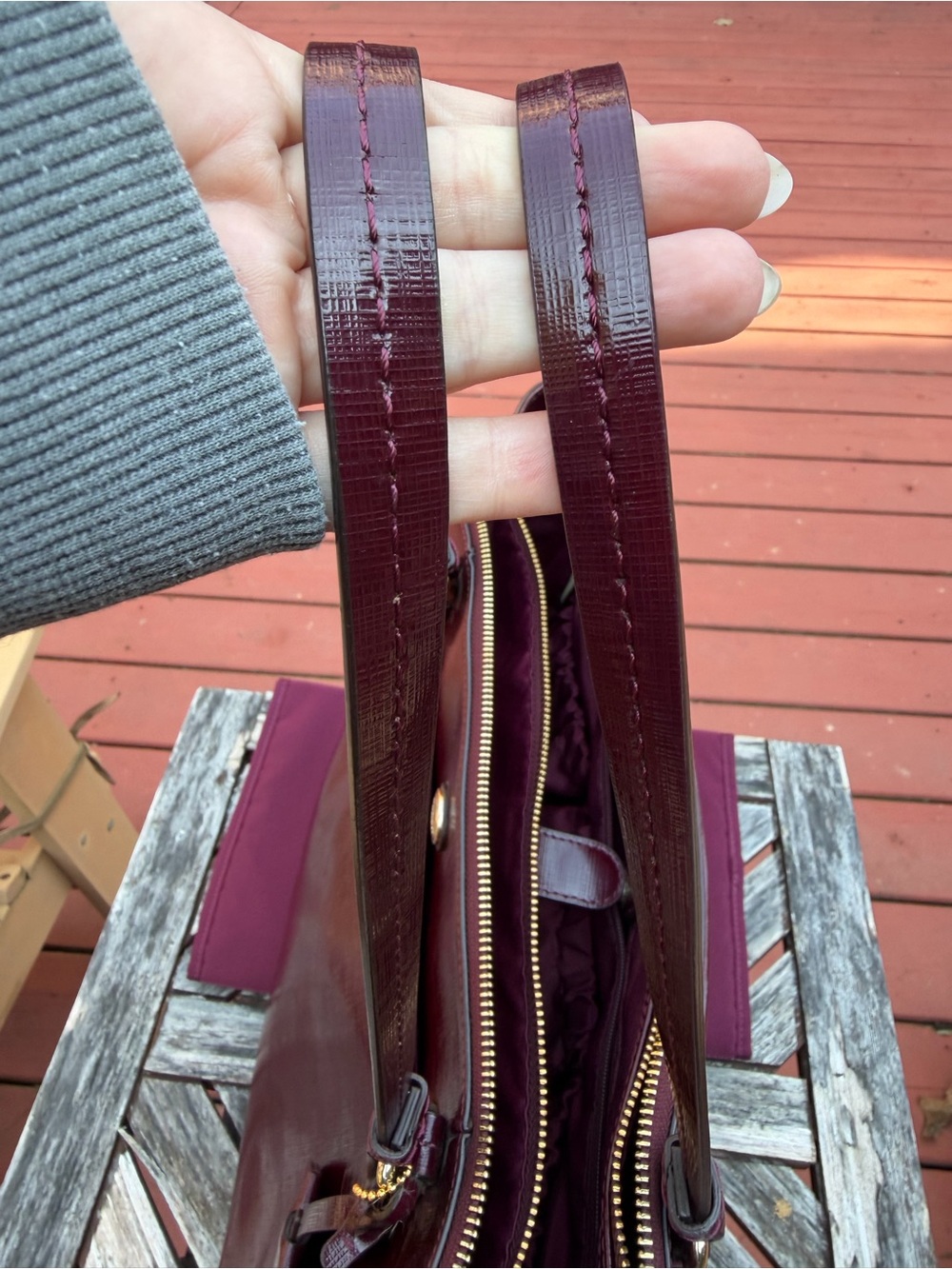 Coach Saffiano Patent Leather Triple Compartment Carryall Tote- Burgundy Merlot - Picture 13 of 16